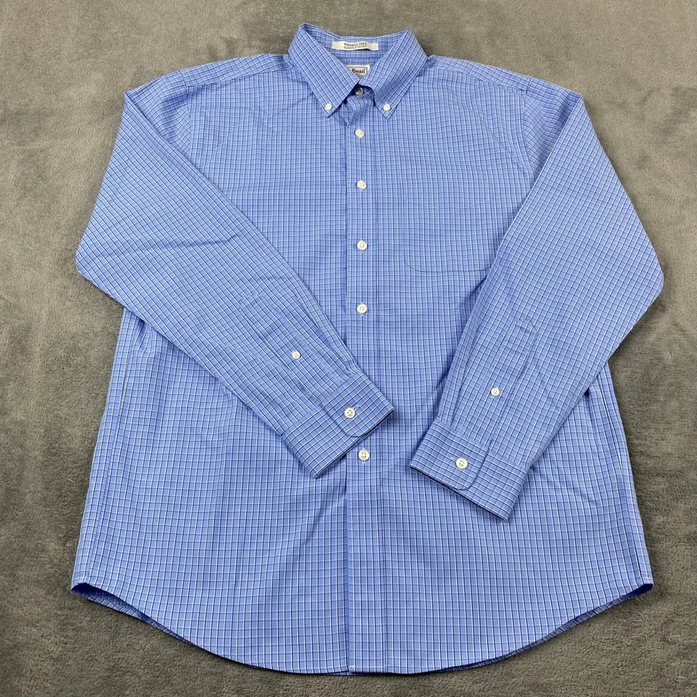 LL Bean Mens 15.5-33 Button Down Shirt Blue Check Wrinkle Free Slightly Fitted
